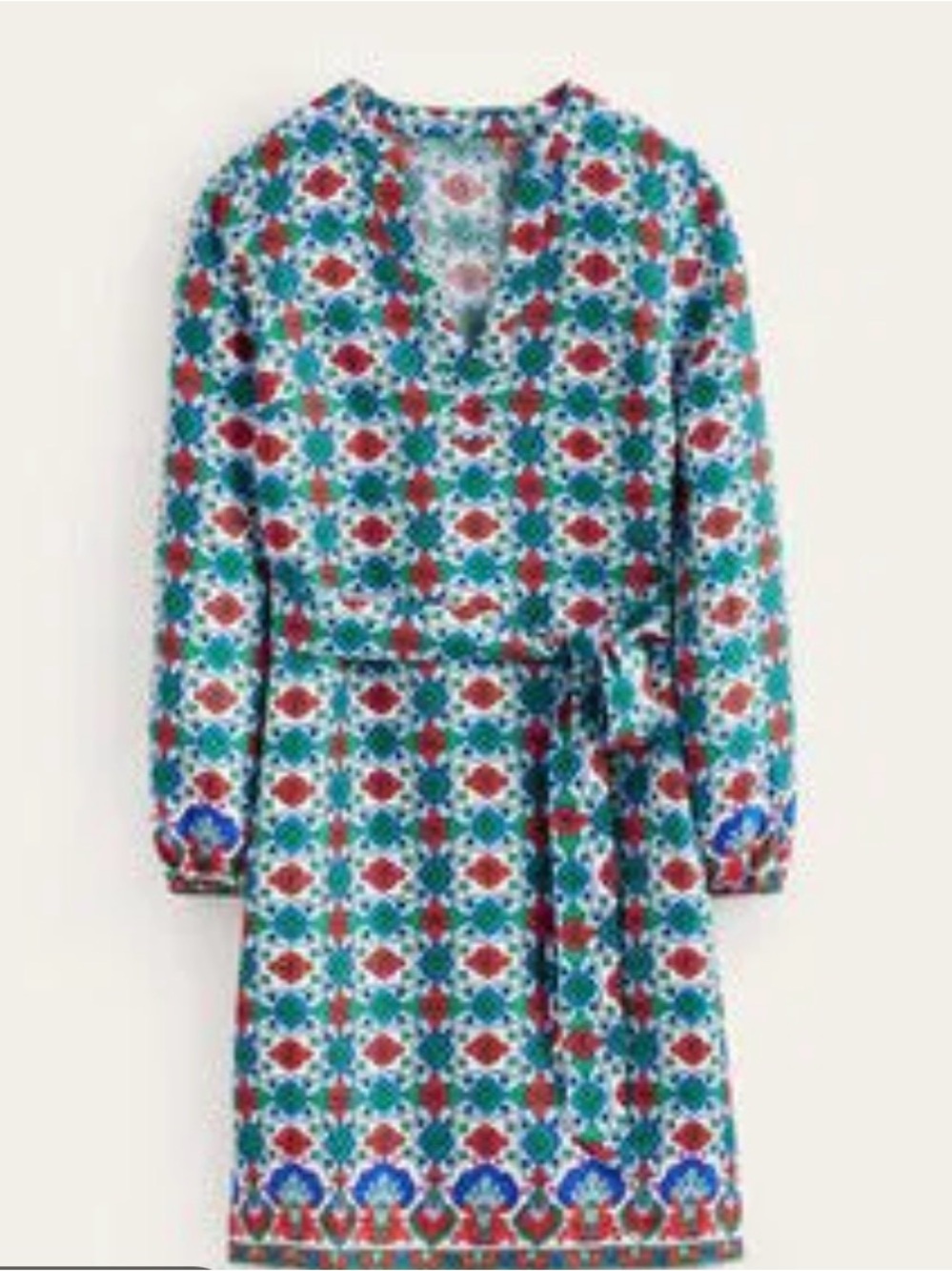 Boden Floral Tile-Print Wrap Dress in Teal, Red, Blue
